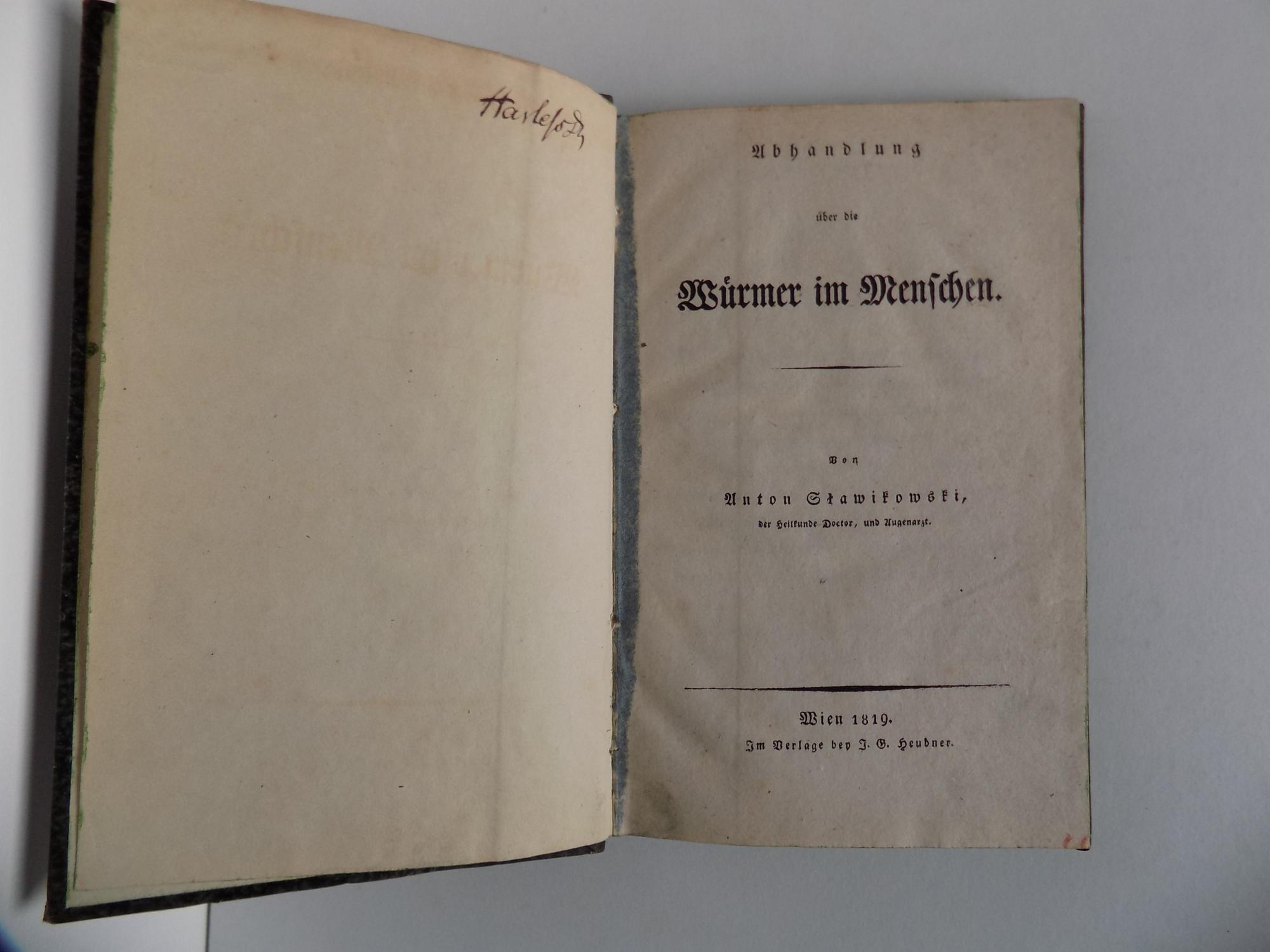 Abhandlung Uber Die Wurmer Im Menschen By Slawikowski Anton Gut Hardcover 1819 Erste Ausgabe Antiquariat Rolf Bulang