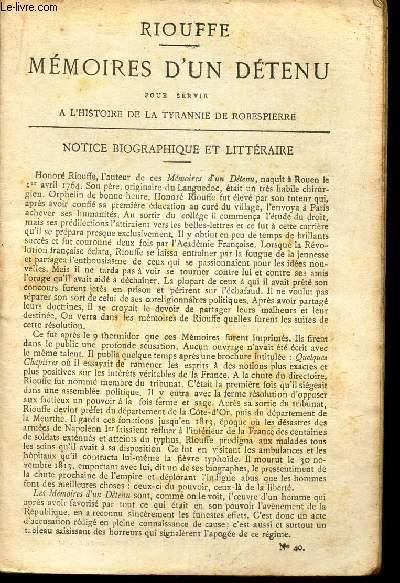 MEMOIRES D'UN DETENU pour servir a l'Histoire de la Tyrannie de Robespierre. - RIOUFFE