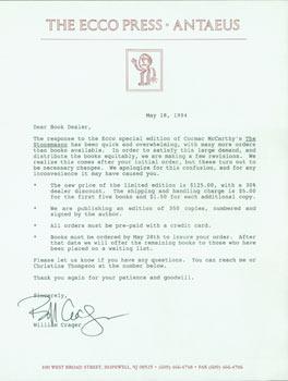 strop Akkumulering Nedsænkning TLS form letter William Crager to Herb Yellin (addressed as "Book Dealer"),  May 18, 1994. RE: Cormac McCarthy. by William Crager (Ecco Press -  Antaeus).: (1994) Signed by Author(s)  Manuscript&nbsp;/&nbsp;Paper&nbsp;Collectible | Wittenborn