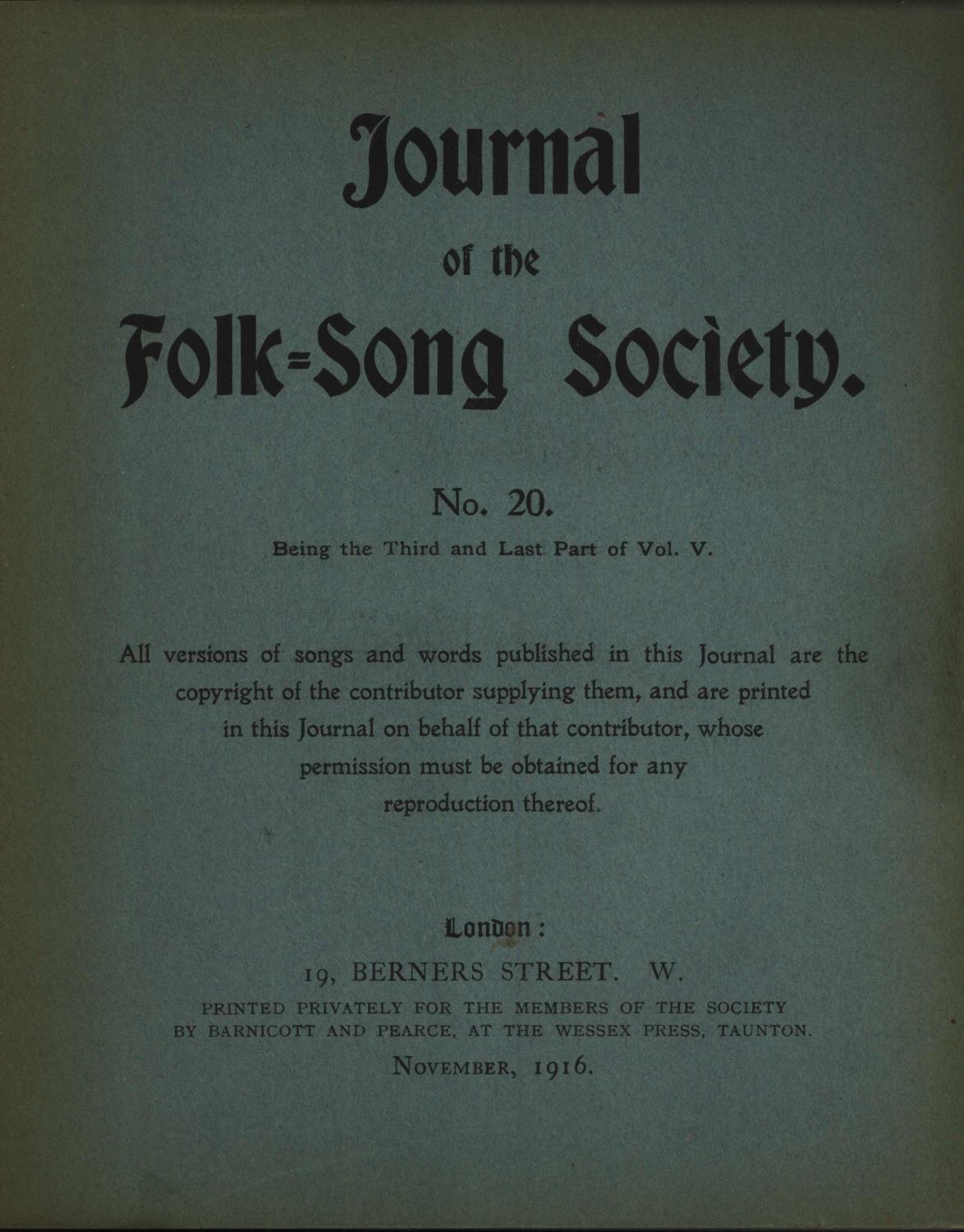 Journal of the FolkSong Society, No. 20 (Vol. 5, No. 3) by Lucy E