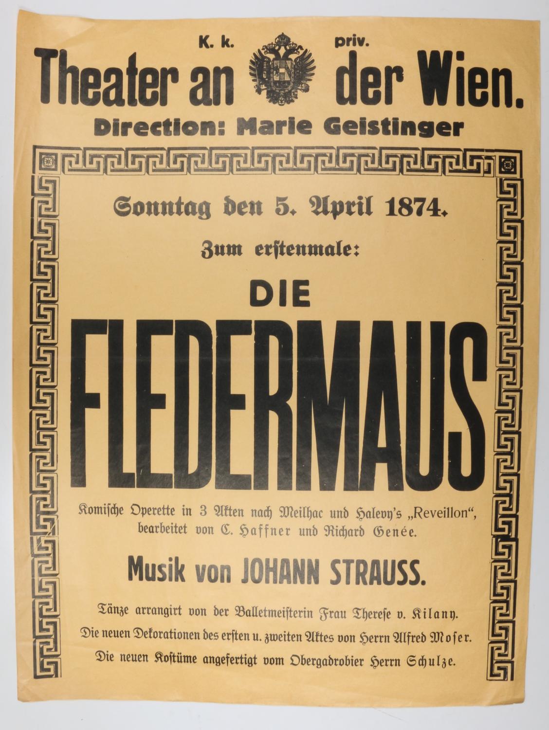 Die Fledermaus Originalplakat Der Urauffuhrung Von Strauss Johann Sohn Komponist 1825 1899 1874 Manuskript Nbsp Nbsp Papierantiquitat Antiquariat Inlibris Gilhofer Nfg Gmbh