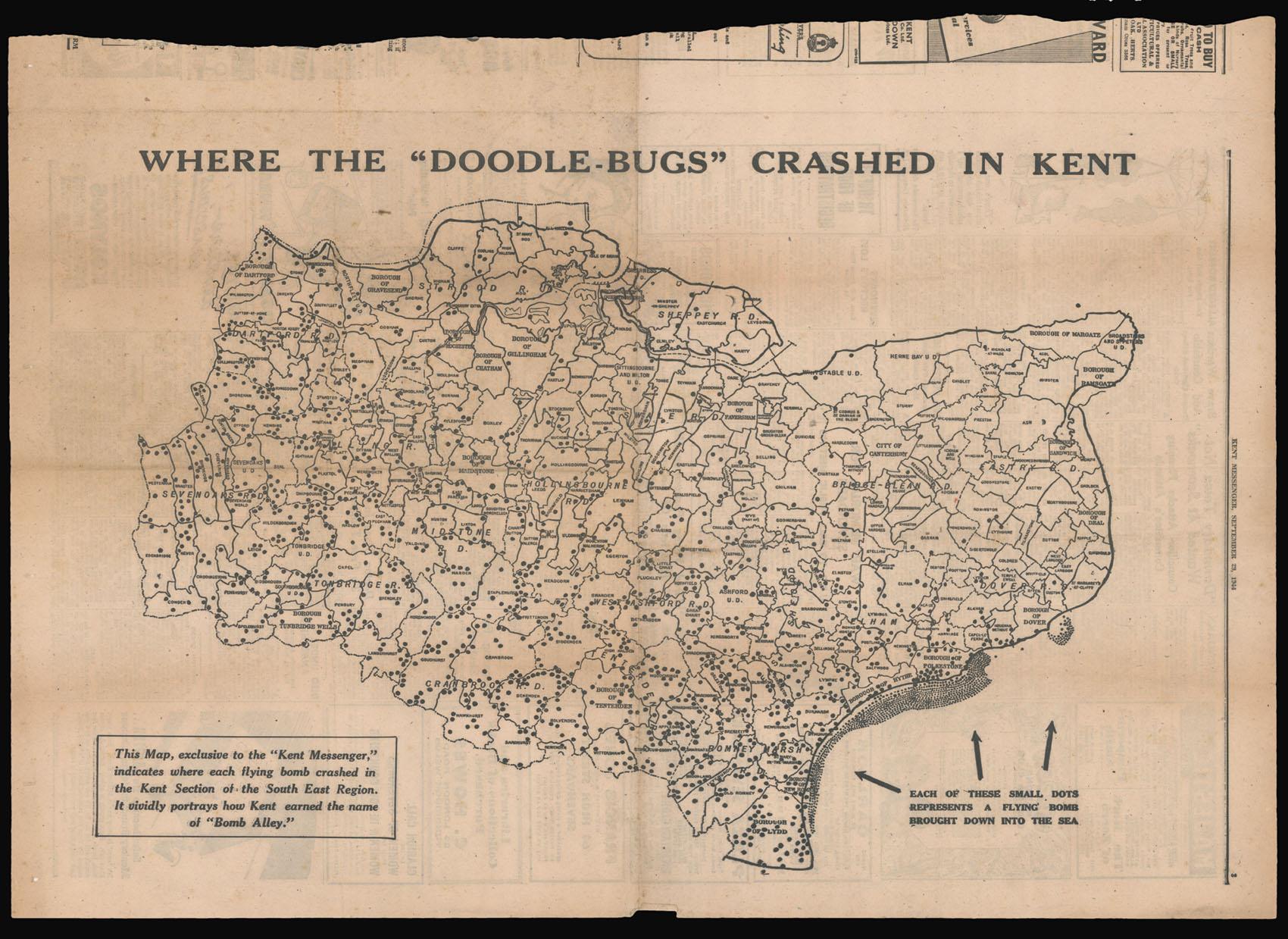 Where the Doodle Bugs Crashed in Kent. Summer 1944. This Map, exclusive to the "Kent Messenger", indicates where each flying bomb crashed in the Kent