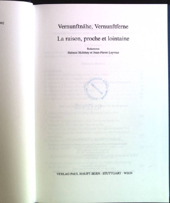 Vernunftnähe, Vernunftferne; La raison, proche et lointaine. Studia philosophica; Vol. 51. - Holzhey, Helmut (Herausgeber)