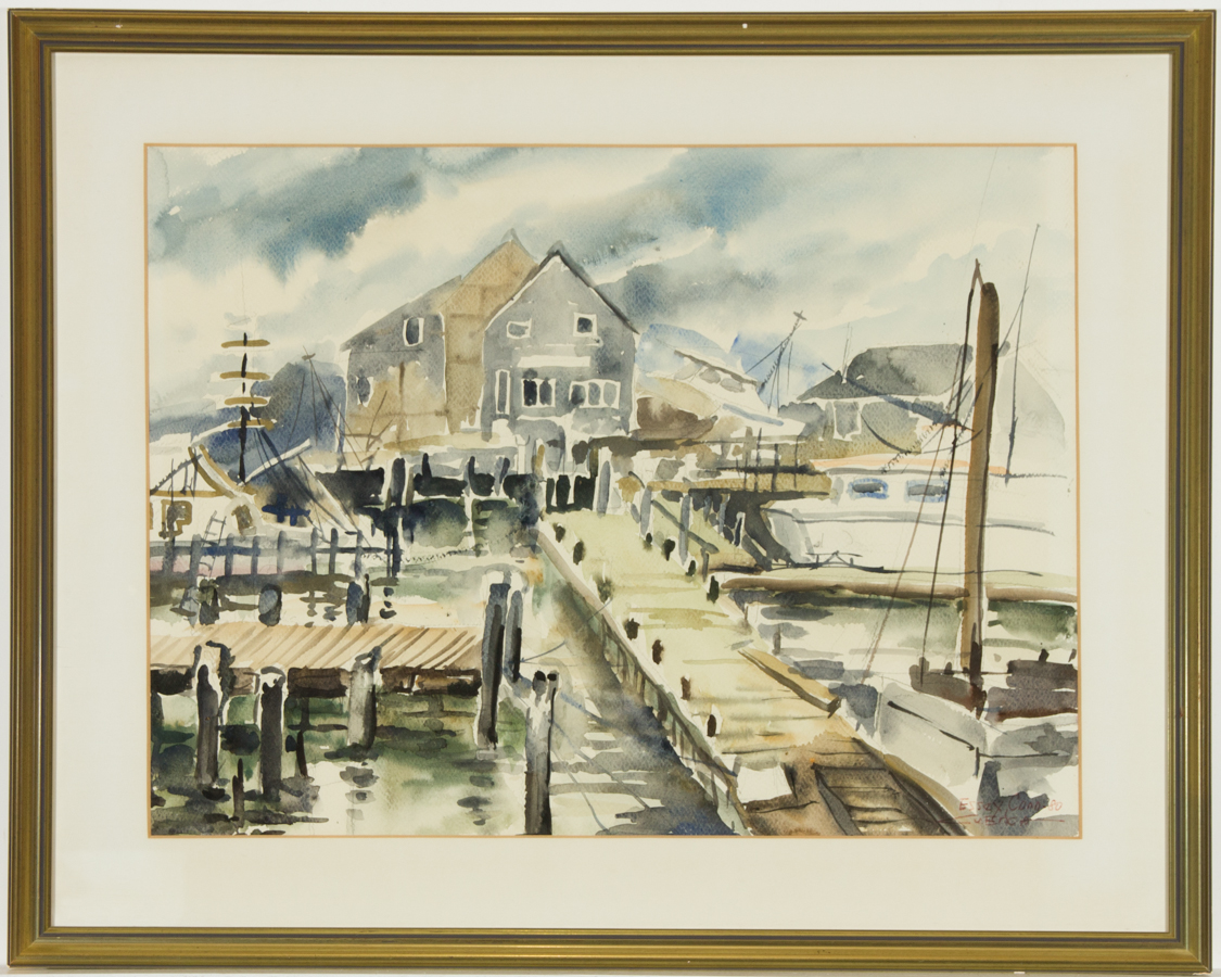 Cuenca Large Framed 1980 Watercolour, Essex Waterways by Cuenca