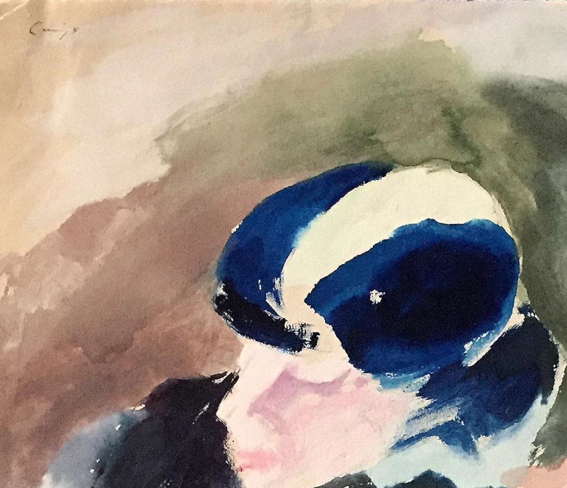 Appealing, Bright Water Color SIGNED, "Figure in Blue Hat," attached to blue mat printed with the title of the painting and artist embossed in gold.