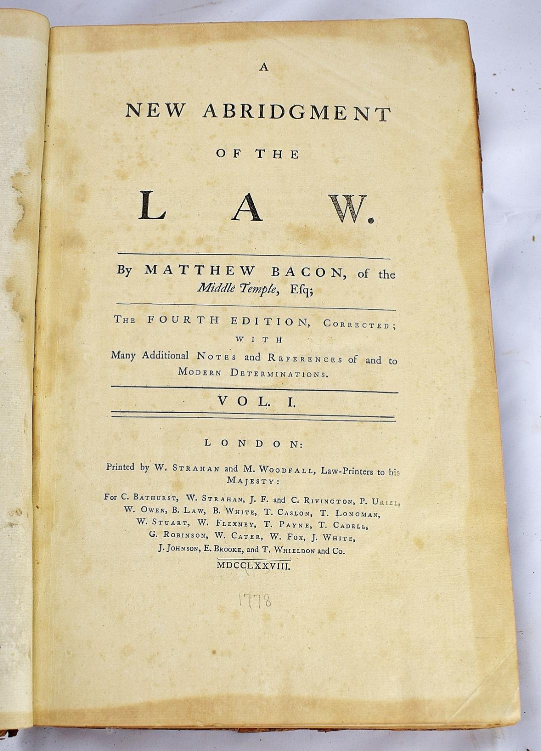 A New Abridgment of the Law (5 volume set) by Matthew Bacon; Gilbert ...