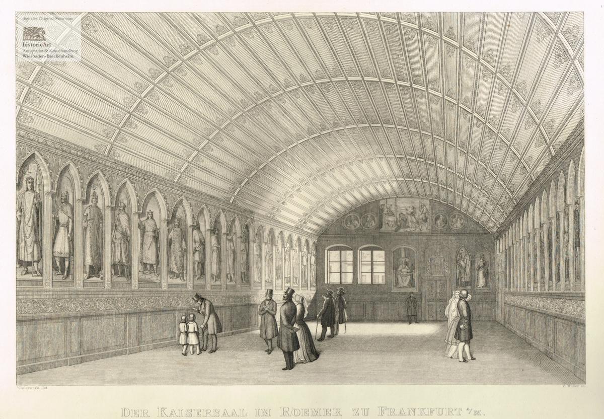 Der Kaisersaal im Roemer zu Frankfurt a.M. Großer Stahlstich von Müller ...