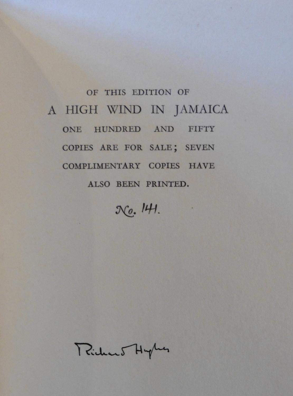 A High Wind in Jamaica by Richard Hughes Near Fine Hardcover (1929) 1st Edition, Limited