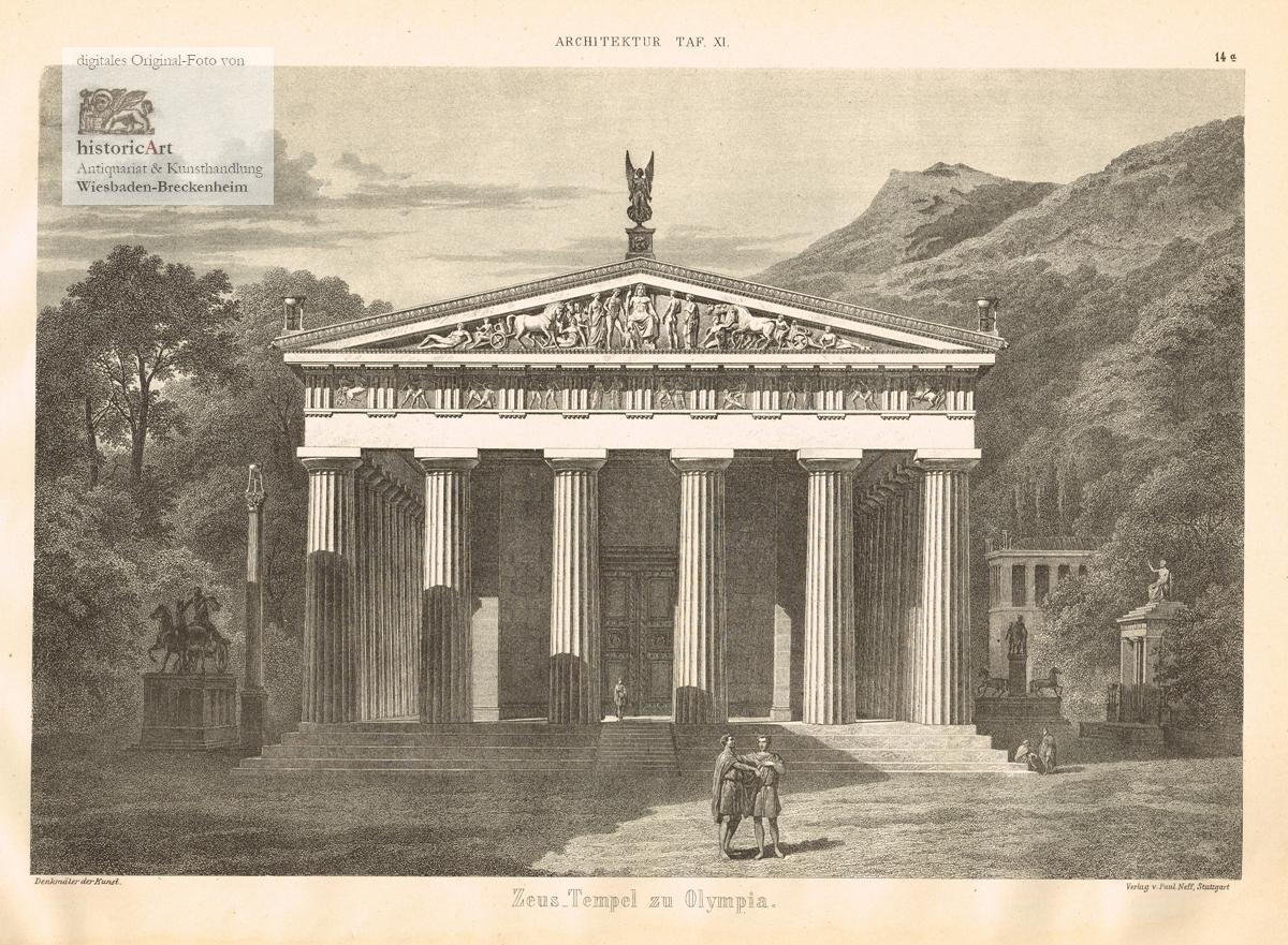 Kunst / Grafik / Poster um 1880 von Anonymus: | Antiquariat Zeus-Tempel zu Kunsthandlung & (1880) Große Lithographie 1. historicArt Olympia.