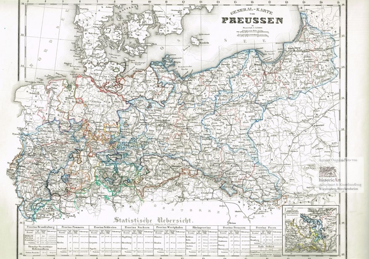 General-Karte von Preussen. Altkolorierte Landkarte von Preußen mit ...