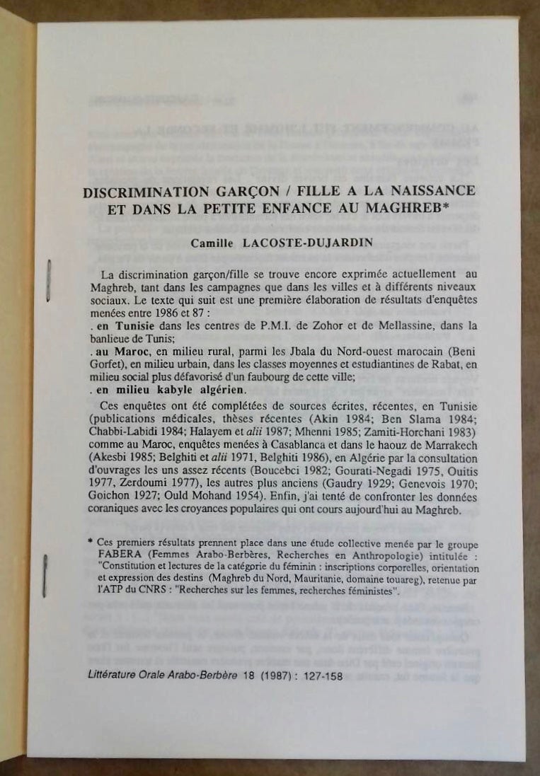 Discrimination garçon-fille à la naissance et dans la petite enfance au Maghreb LACOSTE-DUJARDIN Camille [ ]