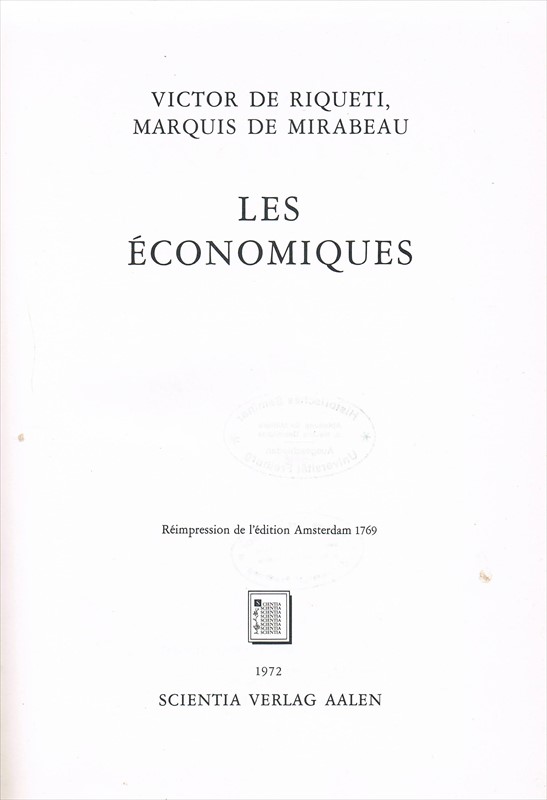 Les économiques. Victor de Riqueti, Marquis de Mirabeau - Mirabeau, Victor de Riquetti de (Verfasser)