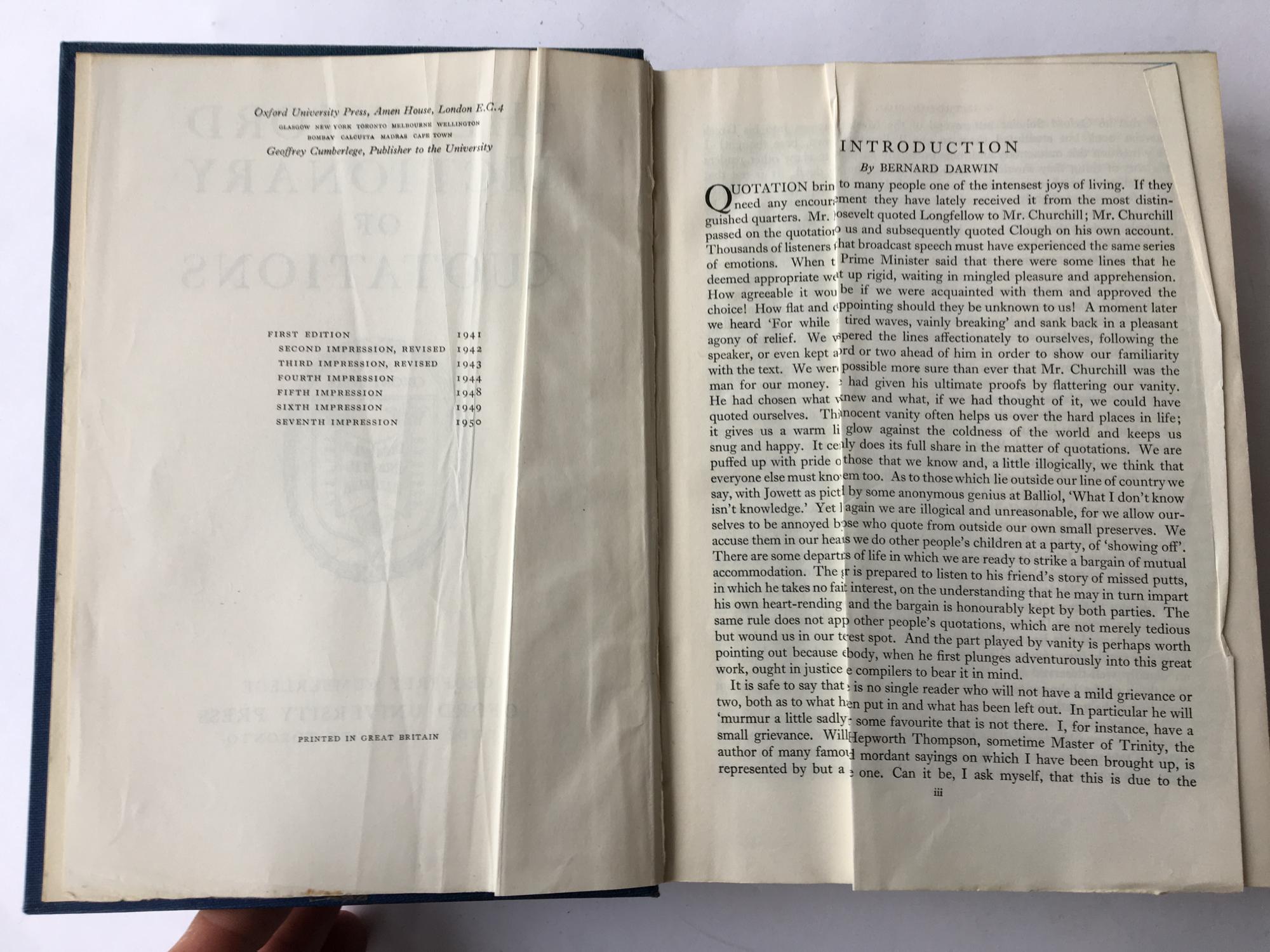 The Oxford Dictionary of Quotations Good Hardcover (1950) 1st Edition