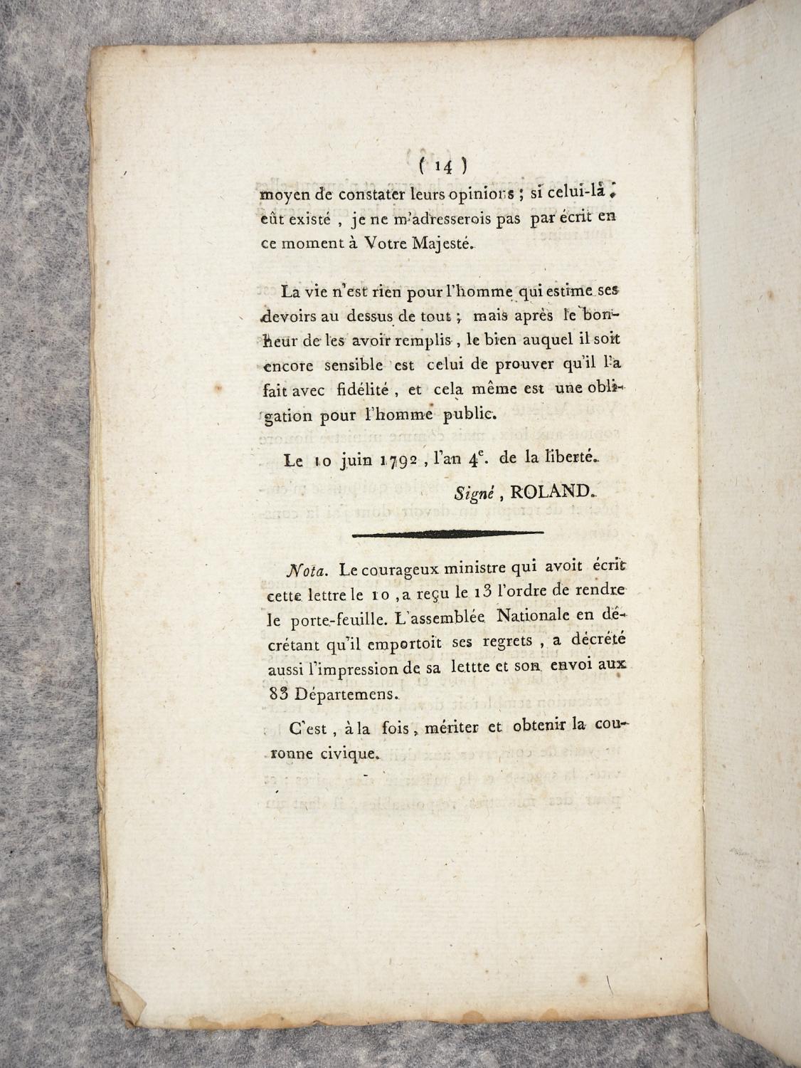 10 juin 1792 lettre au roi