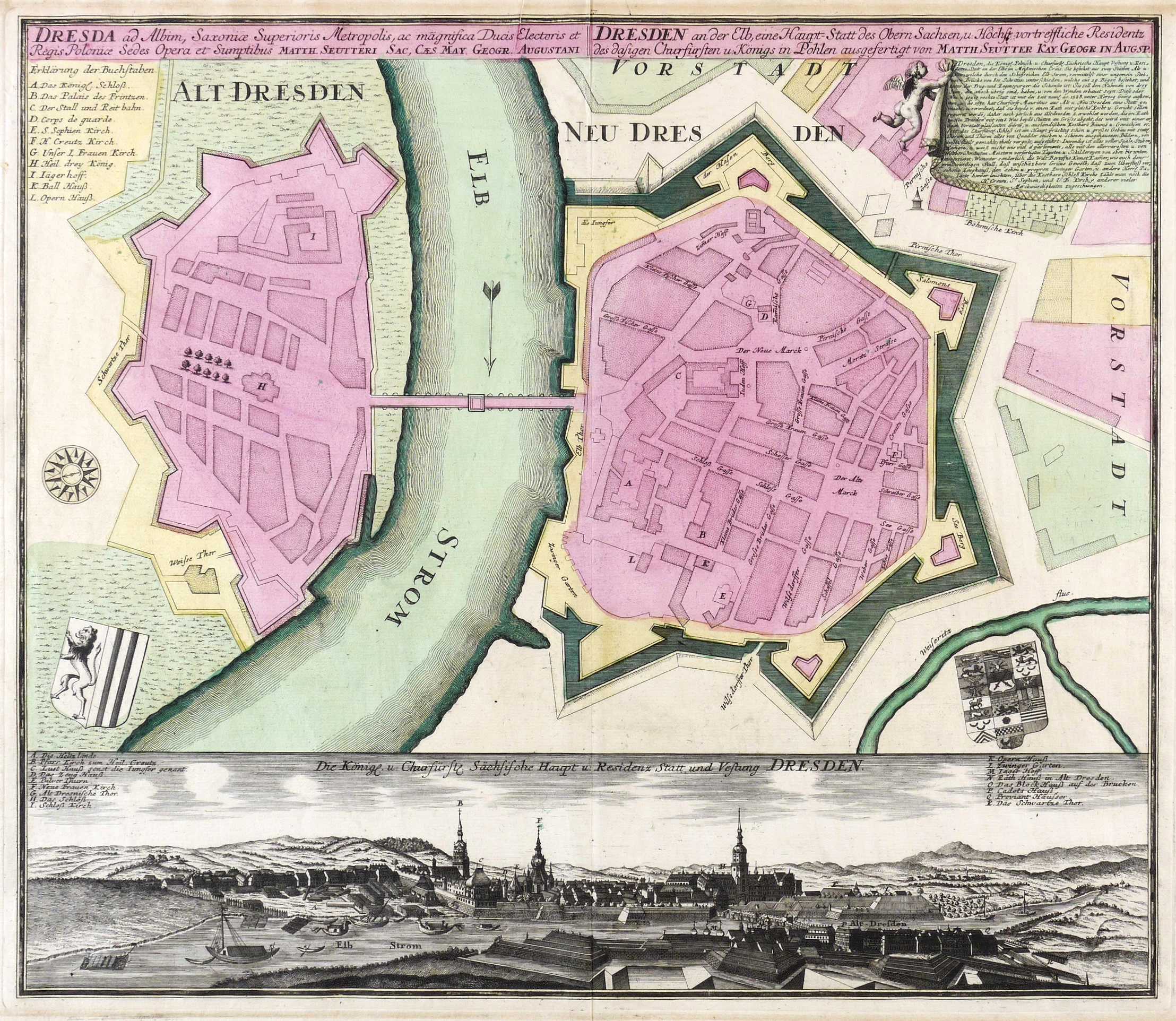 Dresden. - Stadtplan & Panoramaansicht. - Seutter. - "Dresden an der