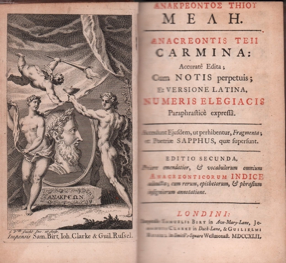Anakreontos Teiou mele / Anacreontis Teii carmina. Accuratè edita [ed. Joseph Trapp]; cum notis perpetuis; et versione latina, numeris elegiacis para