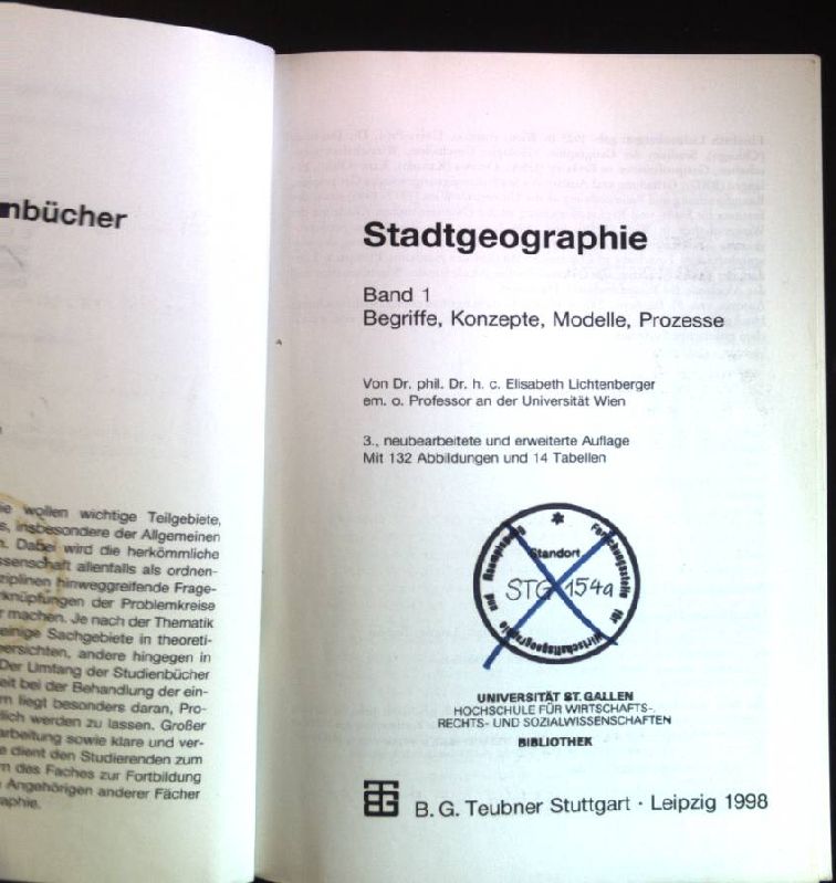 Stadtgeographie, Band 1: Begriffe, Konzepte, Modelle, Prozesse. Teubner Studienbücher der Geographie. - Lichtenberger, Elisabeth