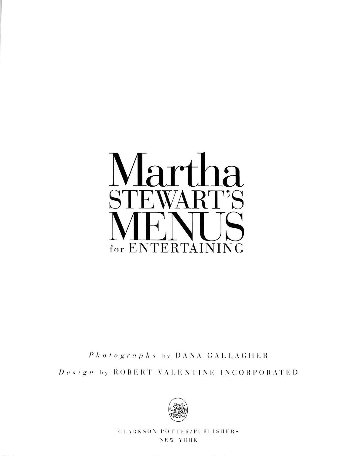 Martha Stewart's Menus For Entertaining by STEWART, Martha Very Good