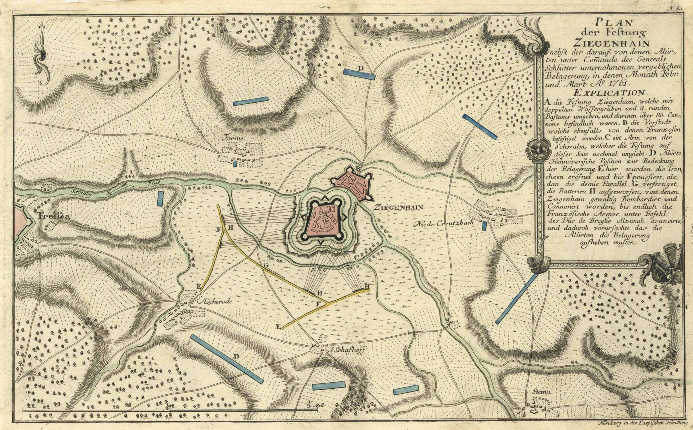 Befestigungsplan mit Belagerung im Jahre 1761 ('Plan der Festung