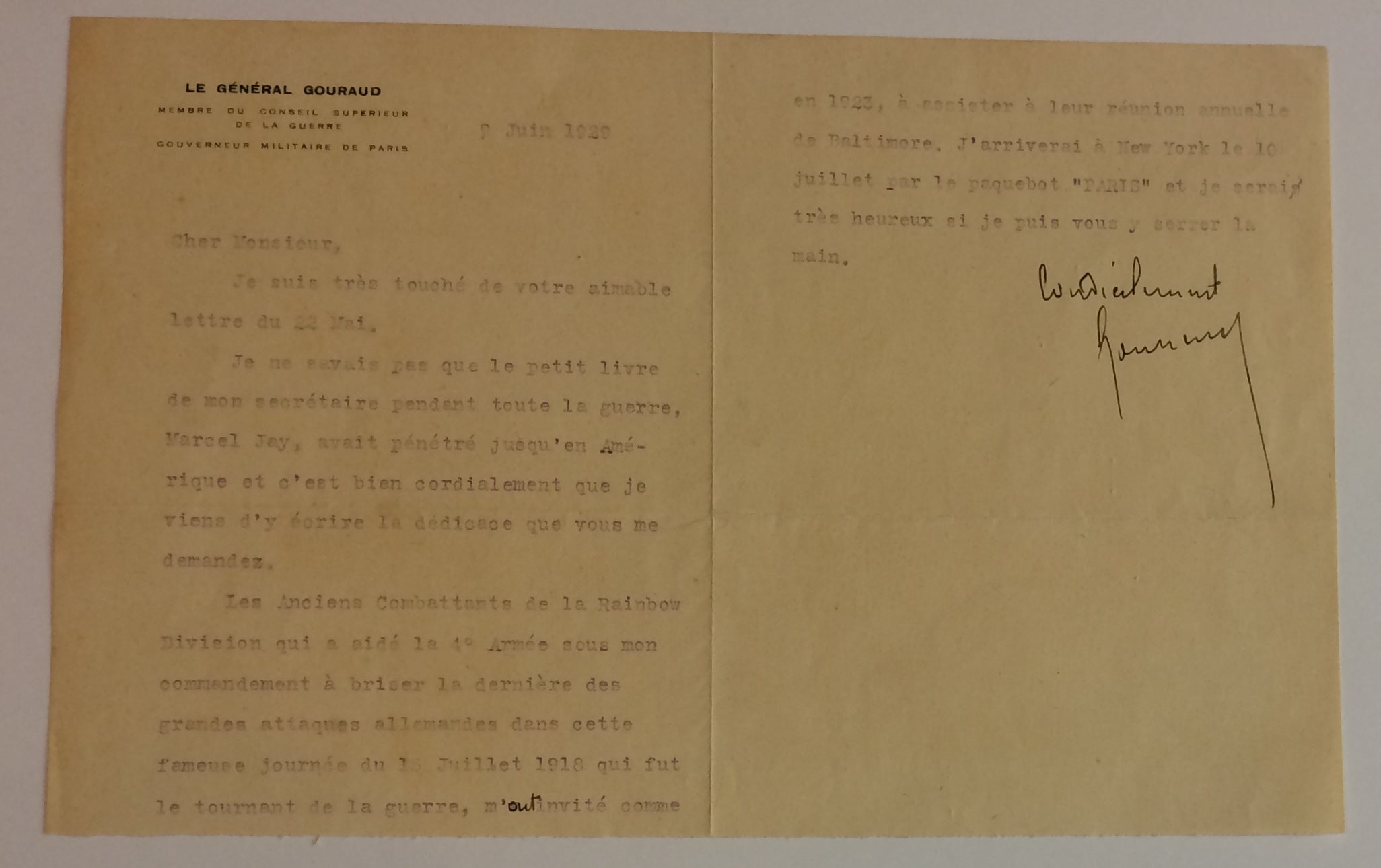 [Signé] Typed Letter Signed GOURAND, Henri. (1867 - 1946) [Très bon]