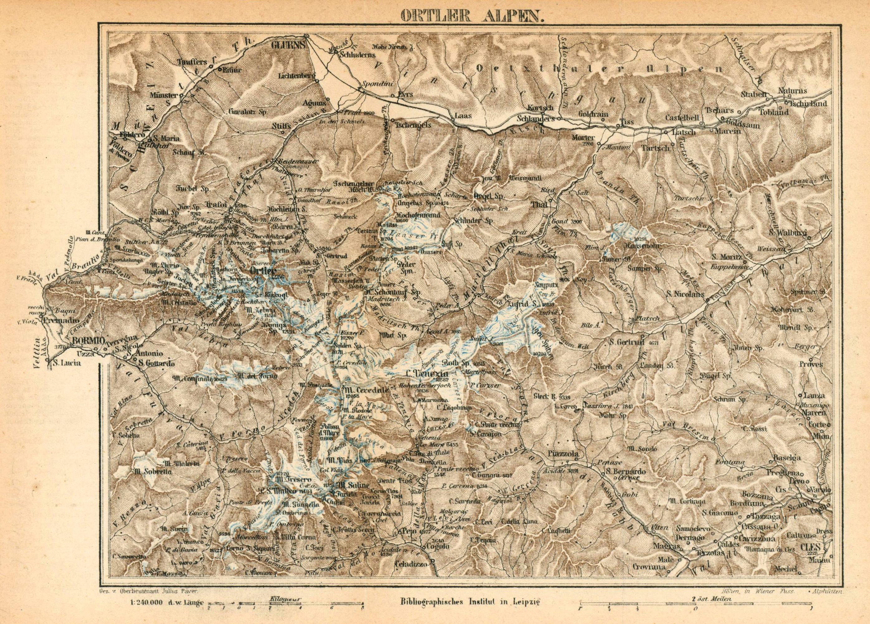 Litho.- Karte, v. Prayer b. B.I. "Ortler Alpen". de Südtirol