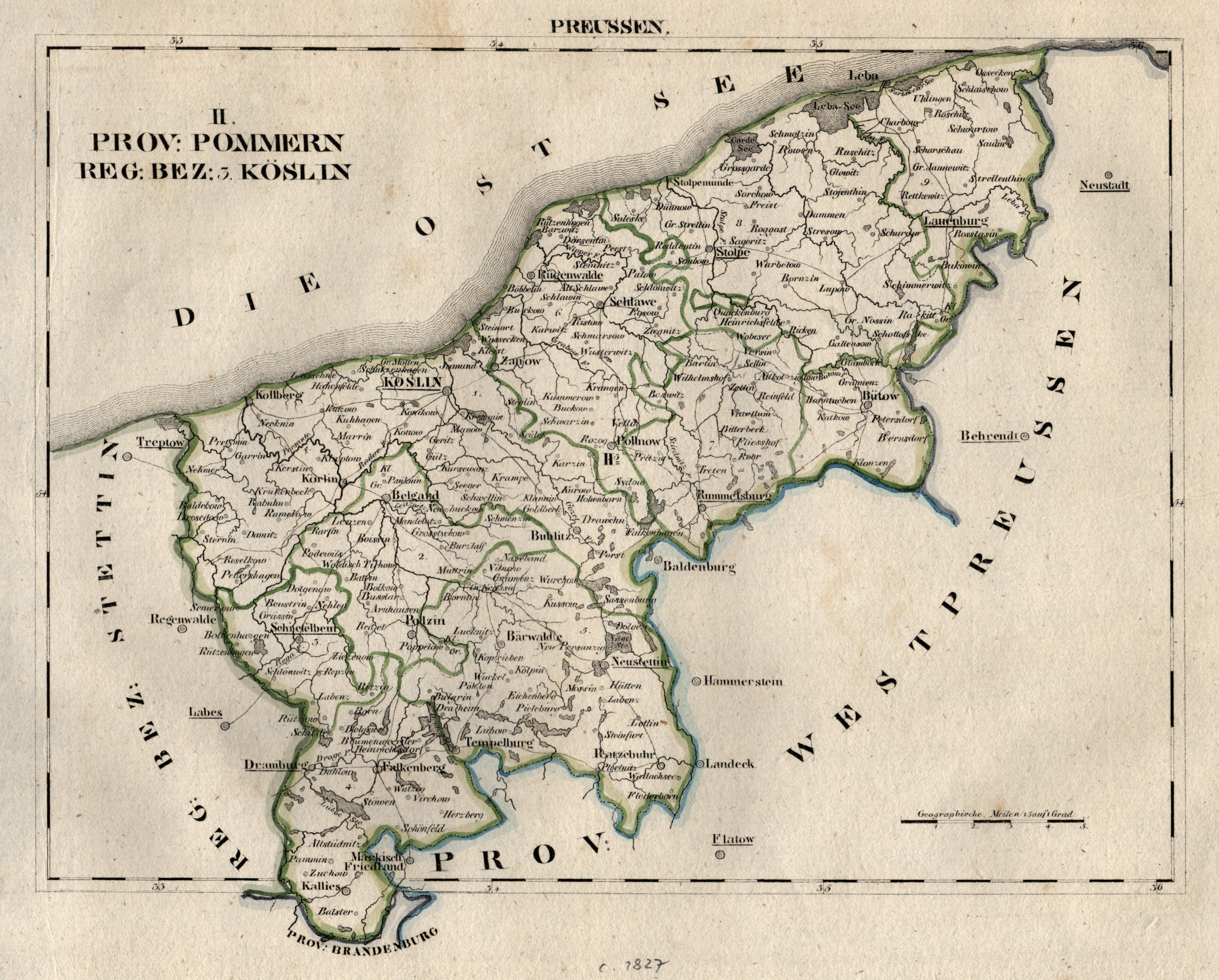 Litho Karte Aus Schliebens Atlas Von Europa Prov Pommern Reg Bez 3 Koslin By Koslin Koszalin Regierungsbezirk Map Antiquariat Clemens Paulusch Gmbh