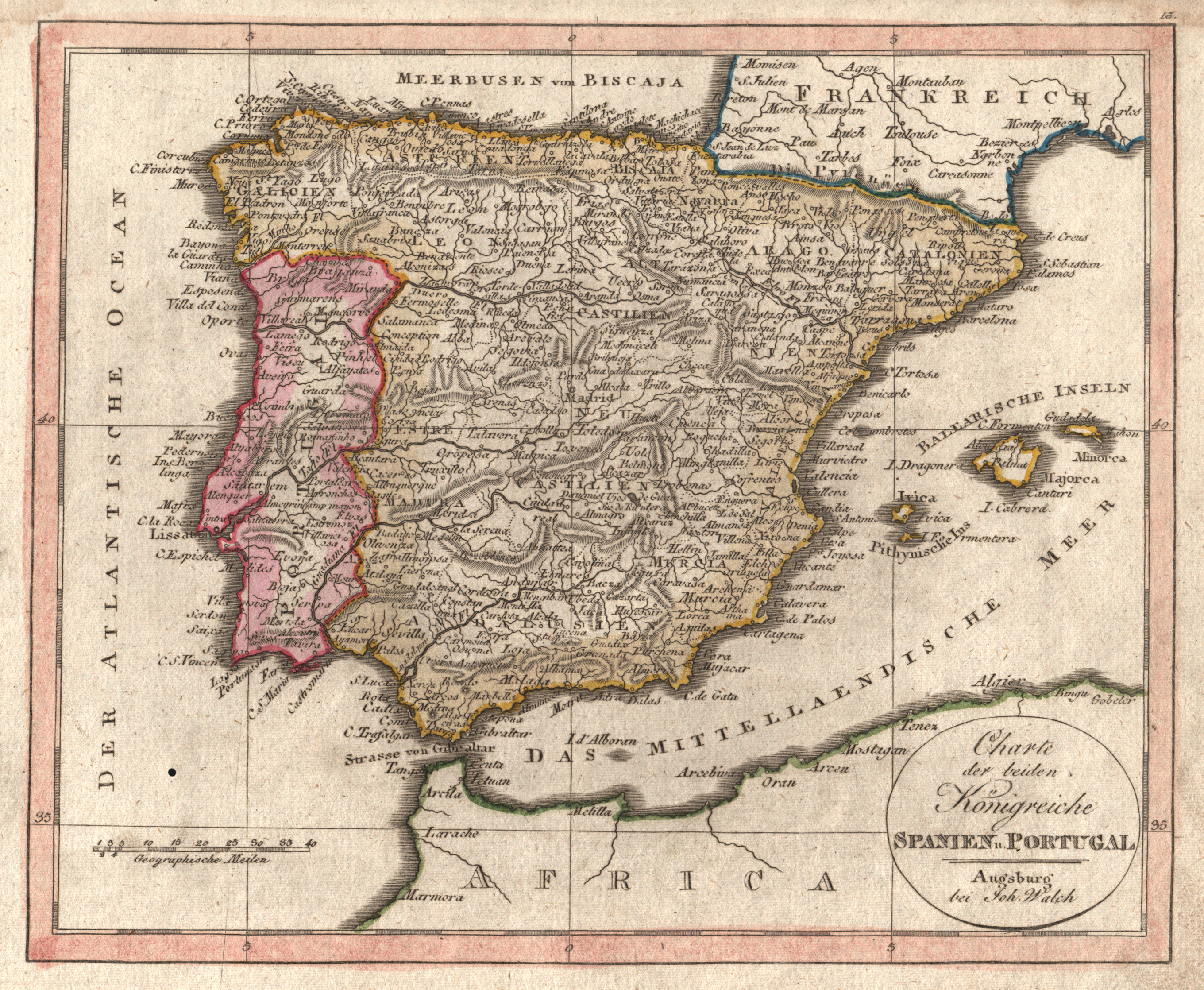 Kupferstich- Karte, b. Walch, "Charte der beiden Königreiche Spanien und Portugal". by Iberische 
