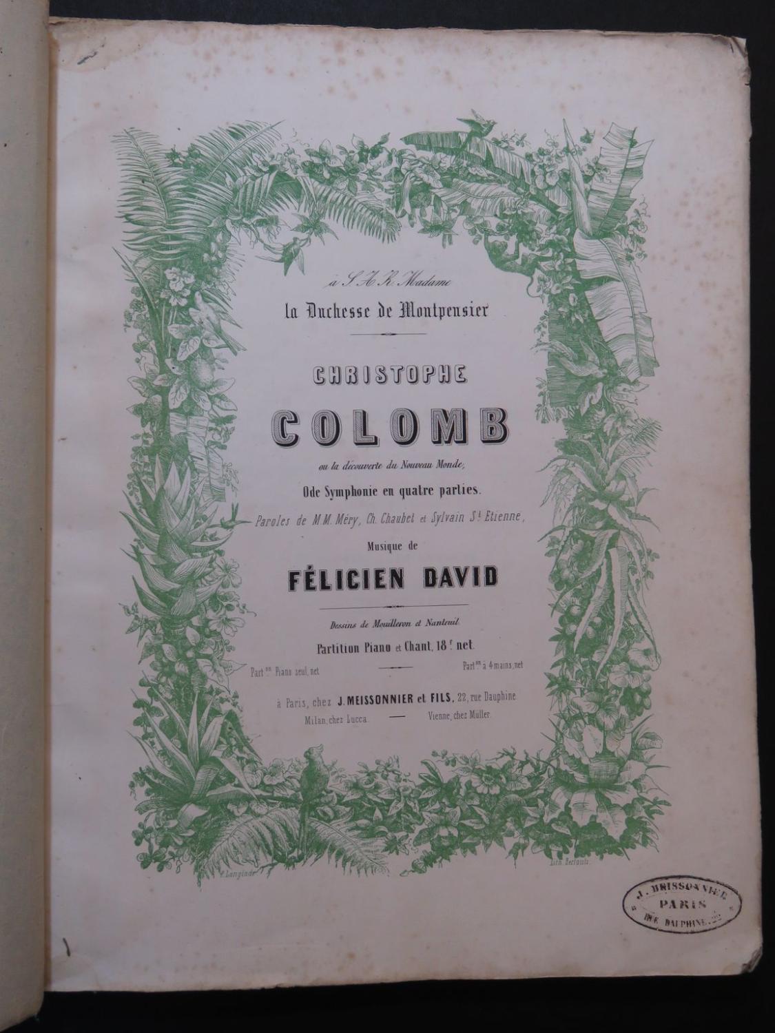 DAVID Félicien Christophe Colomb Chant Piano 1847 by DAVID Félicien ...