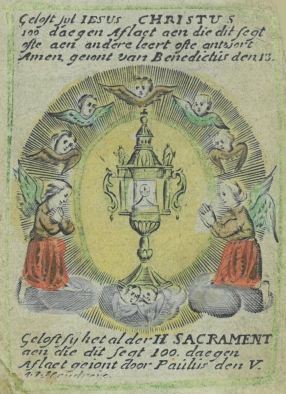 ENGEL. "Gelooft sy het alder H. Sacrament". Zwei kniende Engel beten