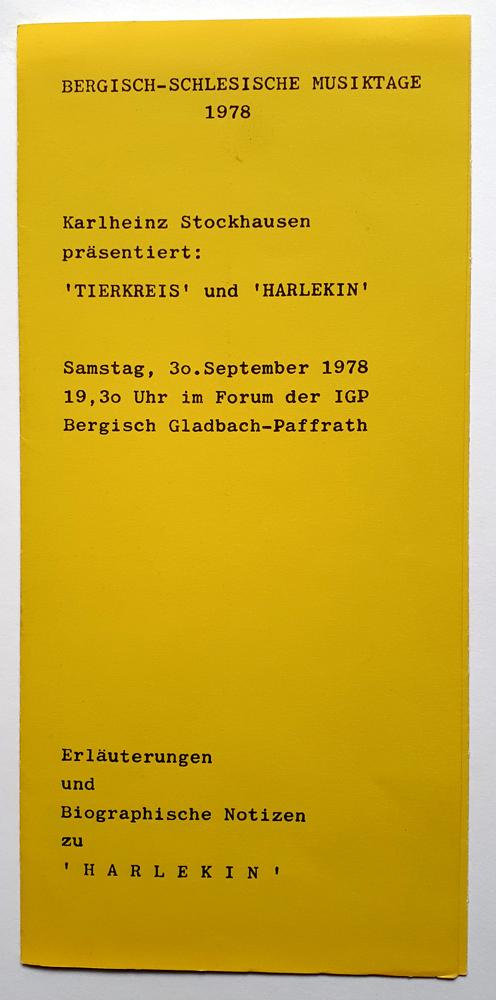 Karlheinz Stockhausen Prasentiert Tierkreis Und Harlekin Bergisch Schlesische Musiktage 1978 Erlauterungen Und Biographische Notizen Zu Den Stucken 2 Dokumente De Stockhausen Karlheinz Gut Nicht Gebunden 1978 Verlag Il Kunst Literatur