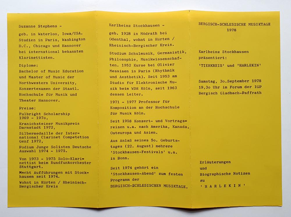 Karlheinz Stockhausen Prasentiert Tierkreis Und Harlekin Bergisch Schlesische Musiktage 1978 Erlauterungen Und Biographische Notizen Zu Den Stucken 2 Dokumente De Stockhausen Karlheinz Gut Nicht Gebunden 1978 Verlag Il Kunst Literatur