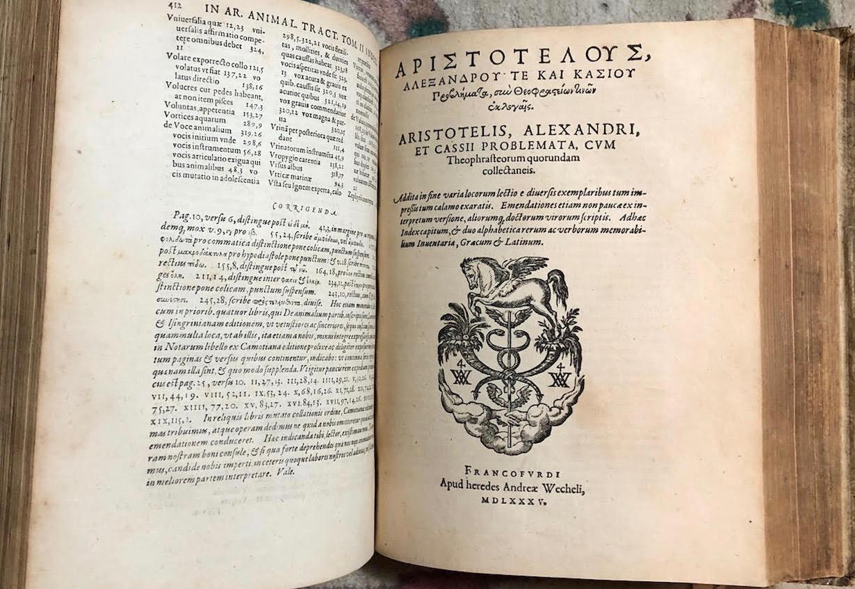 Aristotelis Organon, Tractatus de Animalium, Problemata [in Greek] by  Aristotle; edited by Friedrich Sylburg: Very Good Hardcover (1585) |  Moroccobound Fine Books, IOBA