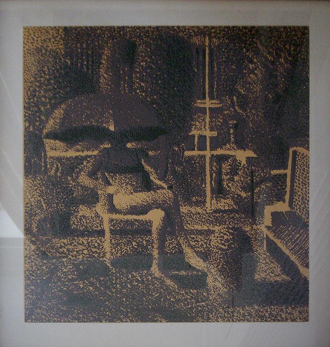 Image of Screenprint. Under the sun brolly Alf Stockham is known for his pointilliste works but the prints origin is uncertain as Alf Stockham did not usually