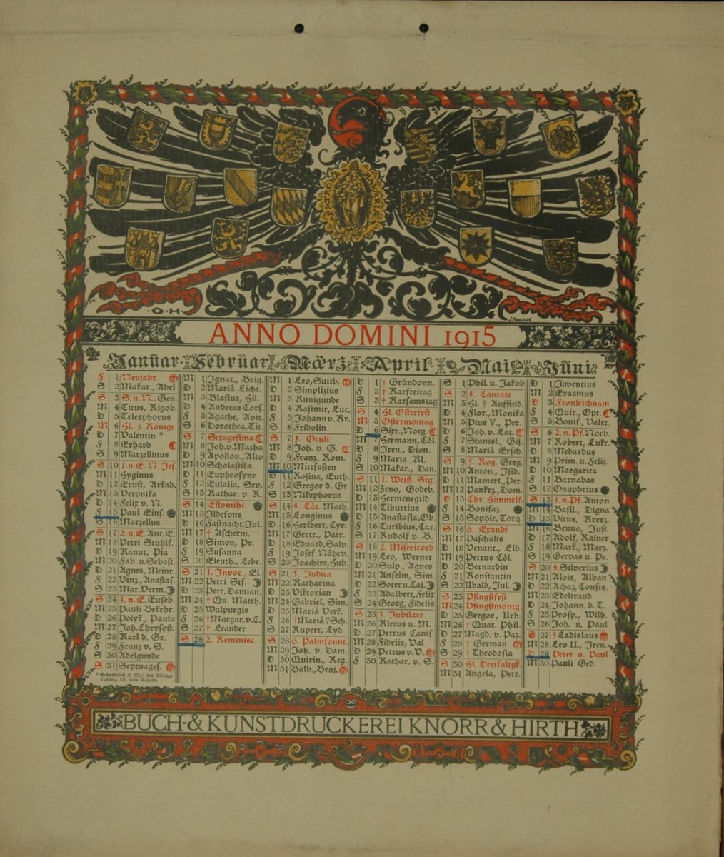 Kalender für das Jahr 1915. Ein Blatt beidseitig bedruckt (Januar bis Juni bzw. Juli bis 