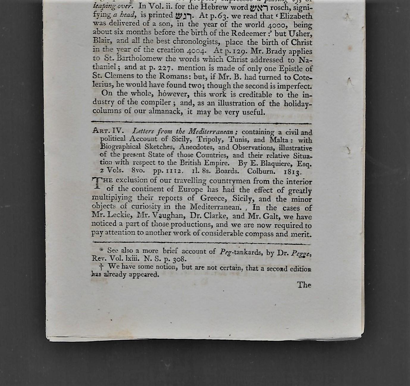 Letters From The Mediterranean Containing A Civil And Political Account Of Sicily, Tripoly, Tunis, And Malta, With Biographical Sketches, Anecdotes, And Observations Illustrative Of The Present State Of Those Countries, Book Review - Blaquiere, Edward