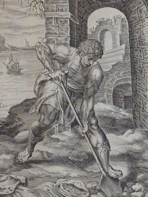 Qui vero unum acceperat abiens fodit in terram et abscondit pecuniam domini sui. (Matt. 25.18.). Gravure originale du XVIIe siècle MULLER Harman Jans