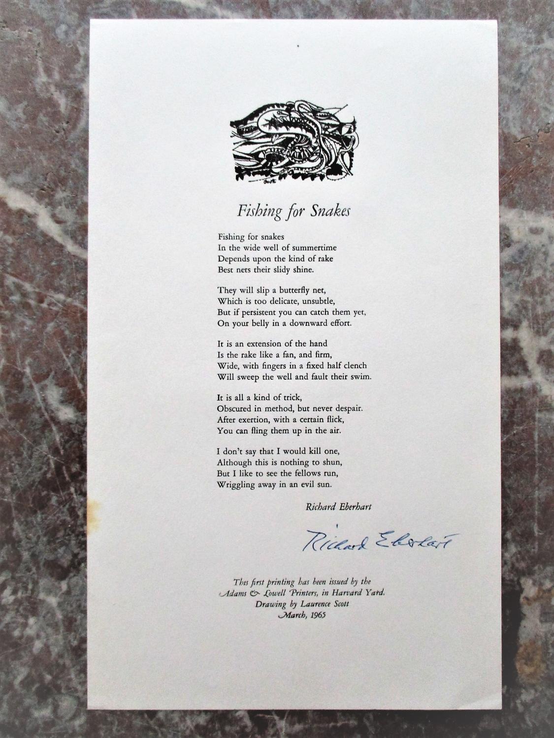 1965 Eberhart SIGNED Poem BROADSIDE Fishing For Snakes ADAMS & LOWELL
