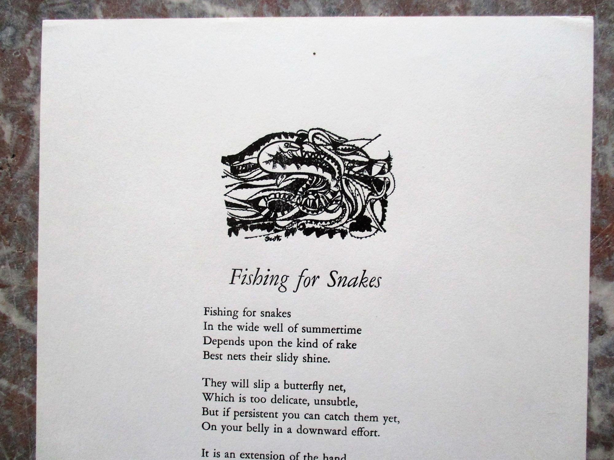 1965 Eberhart SIGNED Poem BROADSIDE Fishing For Snakes ADAMS & LOWELL