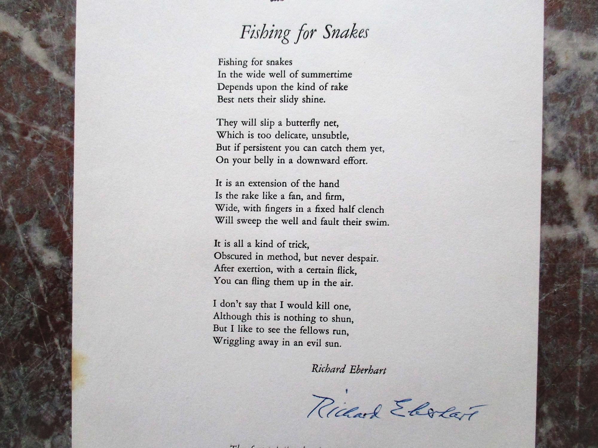 1965 Eberhart SIGNED Poem BROADSIDE Fishing For Snakes ADAMS & LOWELL