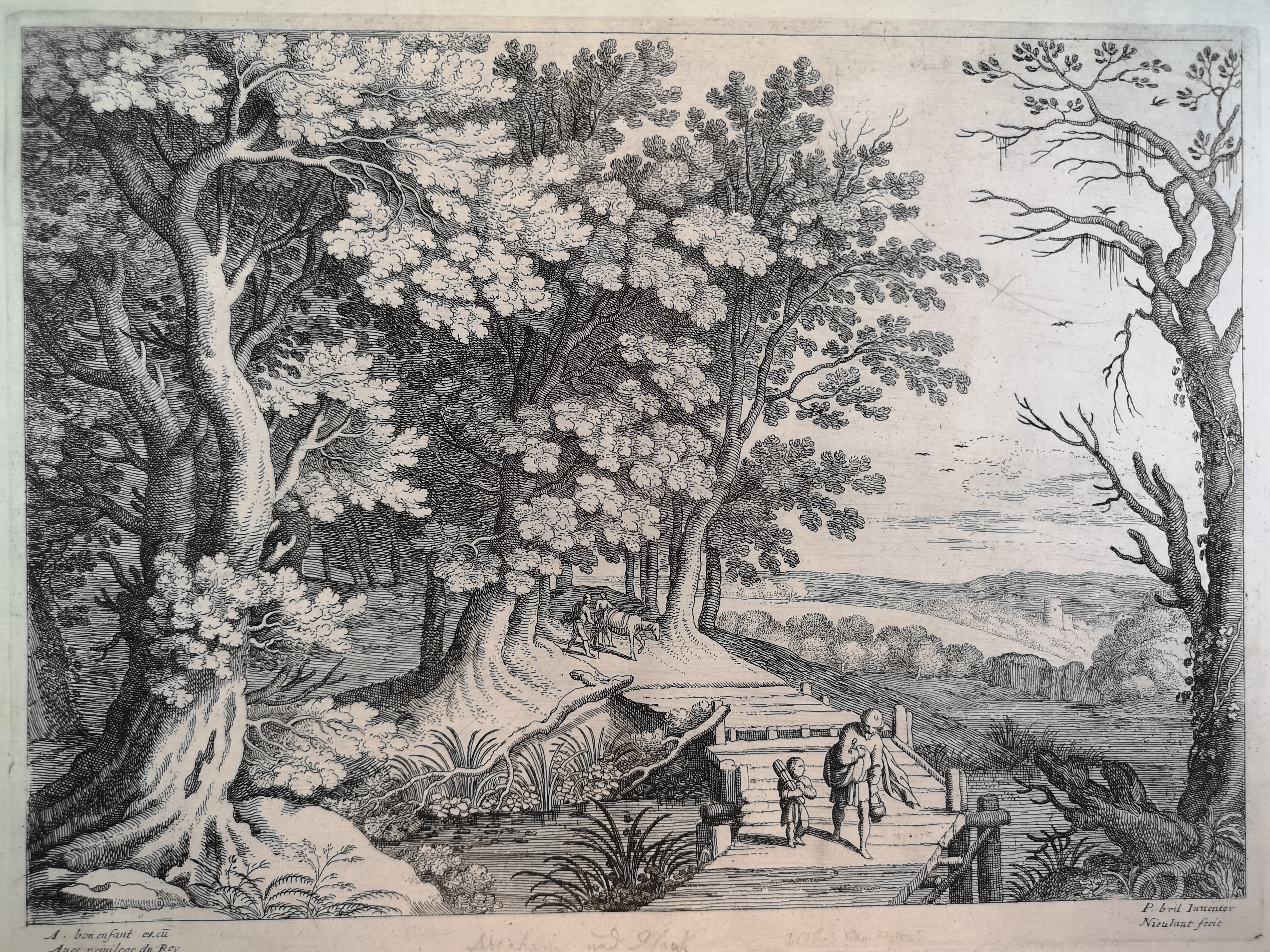 Die Landschaft Mit Abraham Und Isaac Auf Der Brucke Aus Der Folge Italienische Landschaften Mit Biblischen Darstellungen Radierungen Nach Paul Bril Auf Butten Ca 29 5 X 39 1 Cm Wurzbach Aus 4