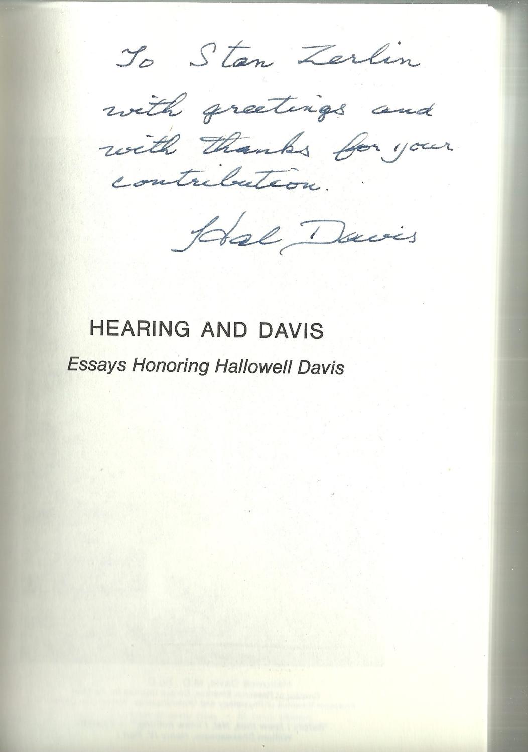 Hearing And Davis Essays Honoring Hallowell Davis by Edited by Shirley