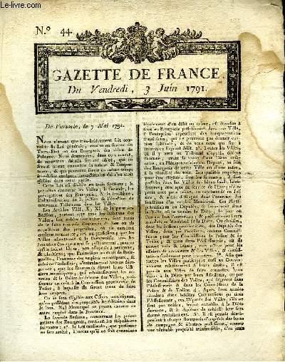 Gazette de France N°44, du vendredi 3 juin 1791 : De Varsovie, le 7 mai 1791 - De Naples, le 31 avril 1791 - De Rome, le 6 mai 1791 - De Paris, le 3