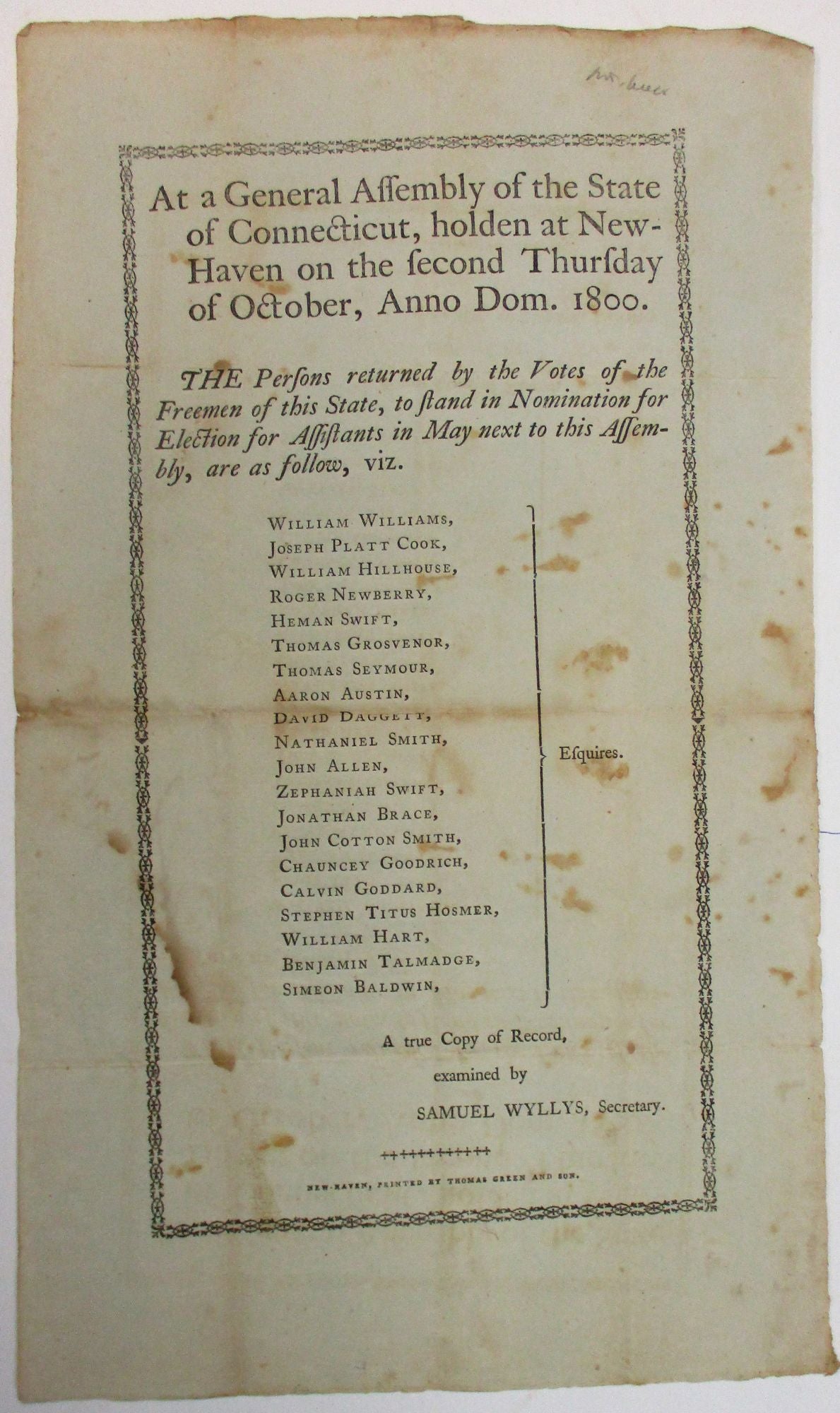 AT A GENERAL ASSEMBLY OF THE STATE OF CONNECTICUT, HOLDEN AT NEW-HAVEN ON THE SECOND THURSDAY OF OCTOBER, ANNO DOM. 1800. THE PERSONS RETURNED BY THE