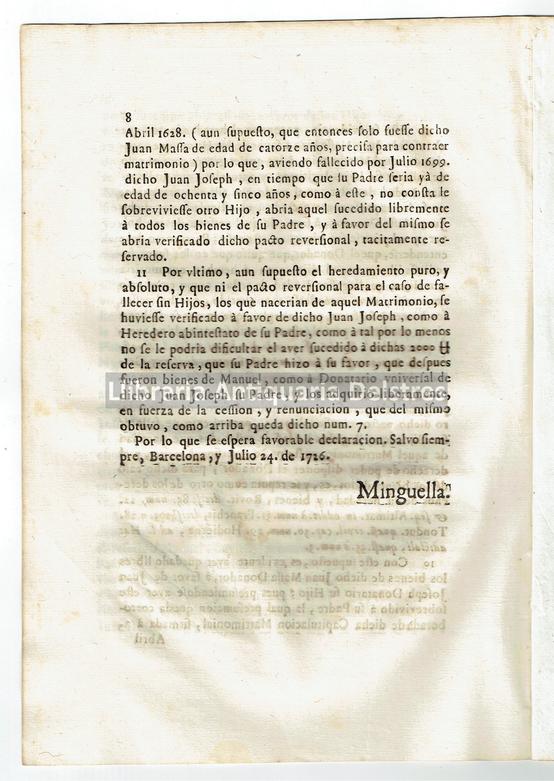 Por los Consortes Doctor Francisco, y Clemencia Solanes, Angel, y Massa.  Con Alexos de Geralt. En la Real Sala del Señor D. Manuel de Toledo.  Barcelona, y Julio 24 de 1726. de