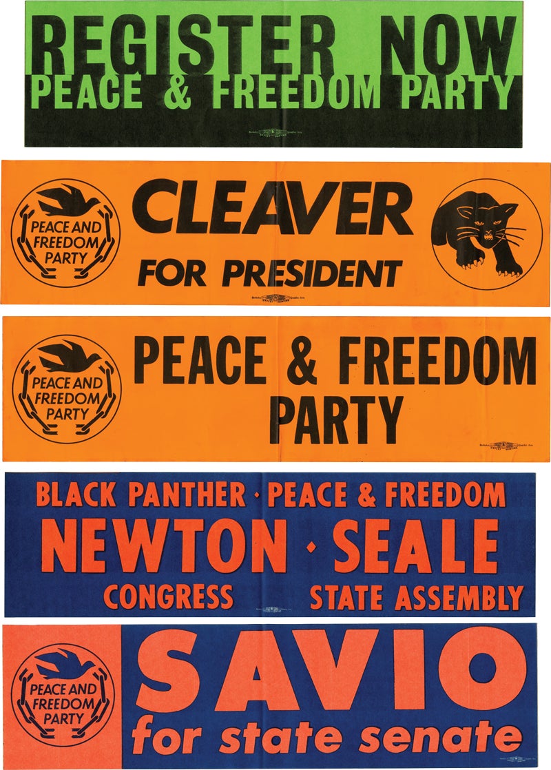 Collection of 5 original Black Panther / Peace and Freedom Party oversize bumper stickers [Black Panthers] [Peace and Freedom Party] Marco Savio, Eld