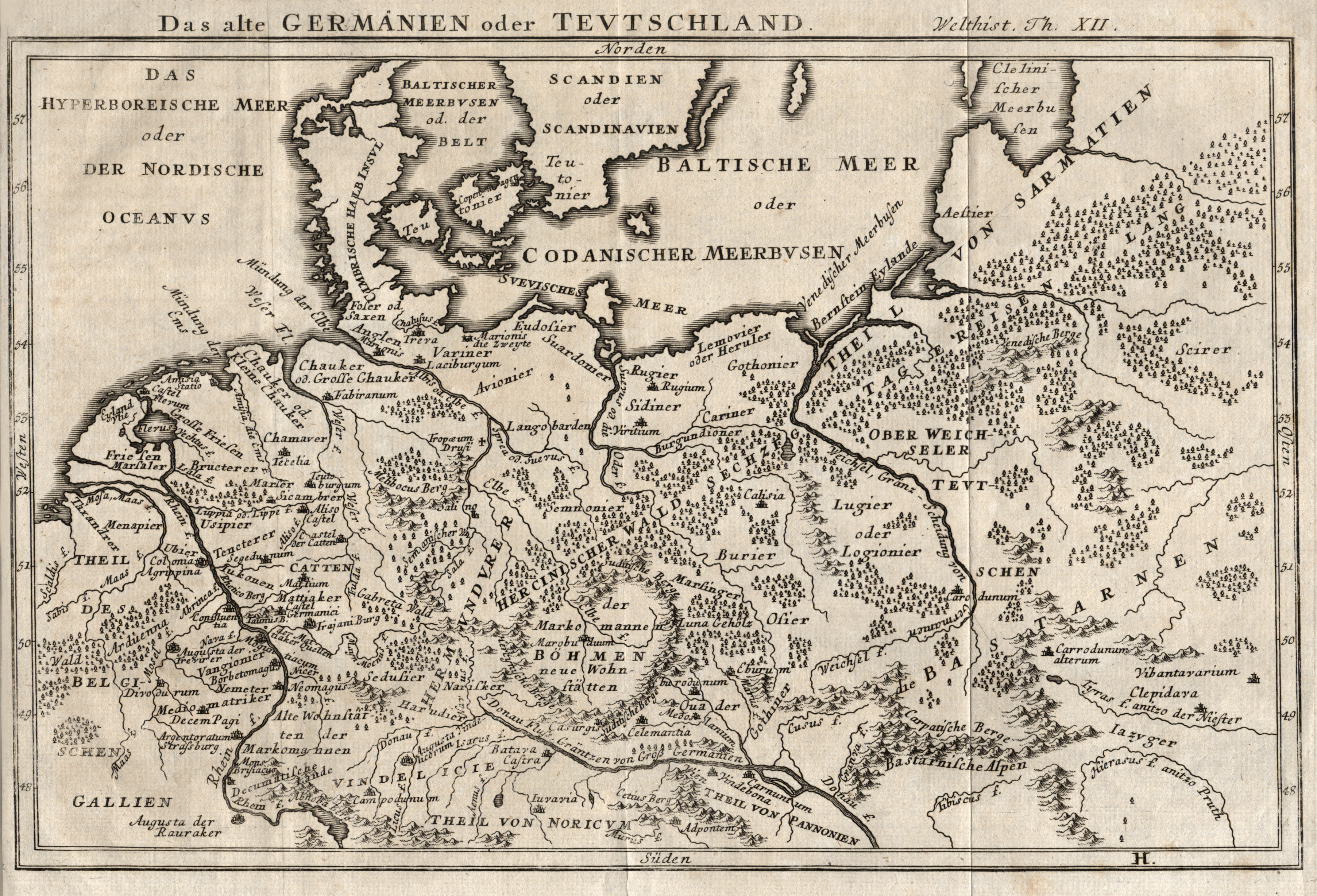 Kupferstich Karte A Baumgarten Das Alte Germanien Oder Teutschland By Deutschland Historisch Map Antiquariat Clemens Paulusch Gmbh