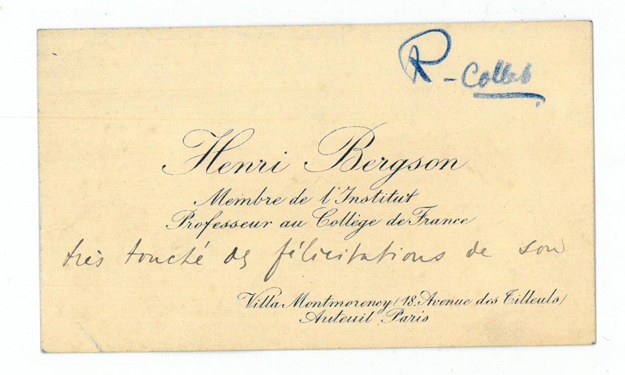 Visiting card with autograph dedication. Envelope added. by Bergson ...