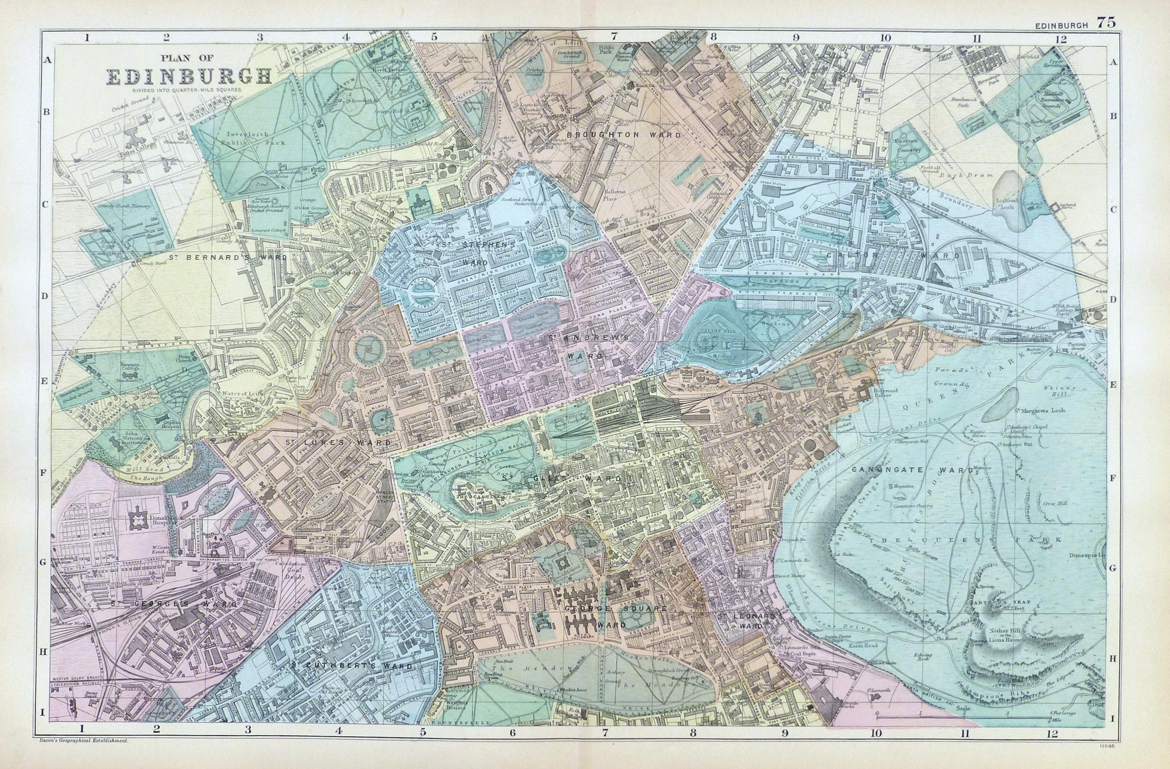 EDINBURGH - ORIGINAL ANTIQUE MAP / CITY STREET PLAN by G.W. Bacon