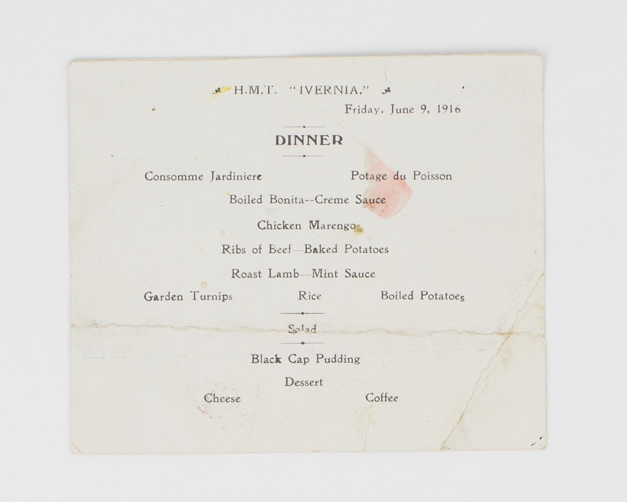 HMT 'Ivernia', Friday, June 9, 1916. Dinner [a menu card] [HMT 'Ivernia'] [Satisfaisant]