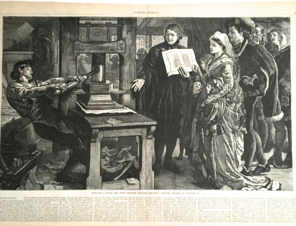William CAXTON, THE FIRST ENGLISH Showing Printed Proofs to Edward IV. by [Caxton] Harper's Weekly: (1877) First Edition. Art&nbsp;/&nbsp;Print&nbsp;/&nbsp;Poster | Borg Antiquarian